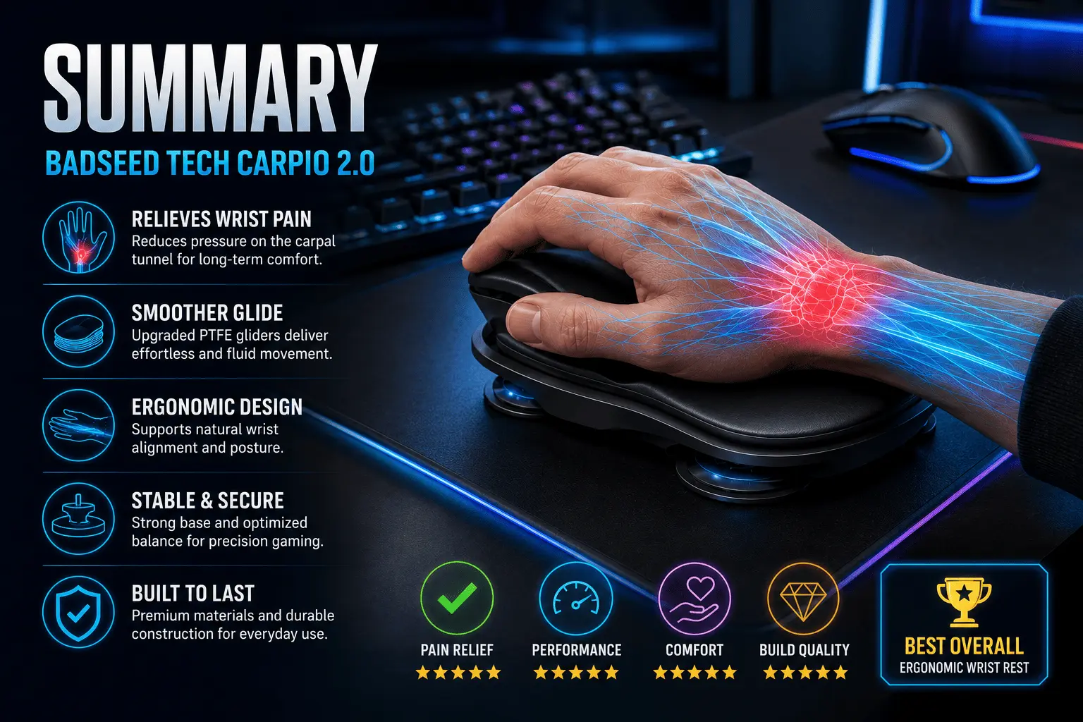 BadSeed Tech Carpio 2.0 Review: Full Specs, Price, and Honest Verdict 2 Summary infographic of the BadSeed Tech Carpio 2.0 showing wrist pain relief, ergonomic support, premium build quality, and overall performance rating.