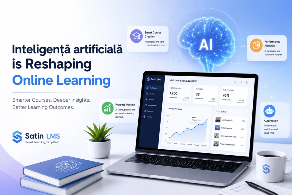 Futuristic AI-powered online learning dashboard with Satin LMS interface and Inteligență artificială