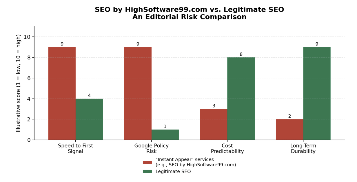 SEO by HighSoftware99.com Exposed: 7 Red Flags Behind "Instant Appear" SEO Claims 1 Chart alt text SEO by HighSoftware99 vs legitimate SEO risk comparison